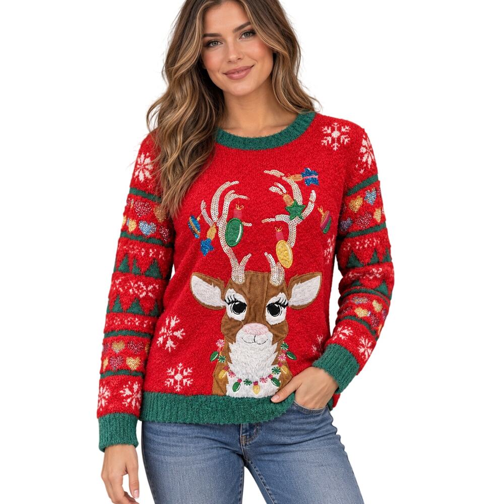 Nobo ugly Christmas sweater reindeer 3D holiday juniors L warm winter festive #